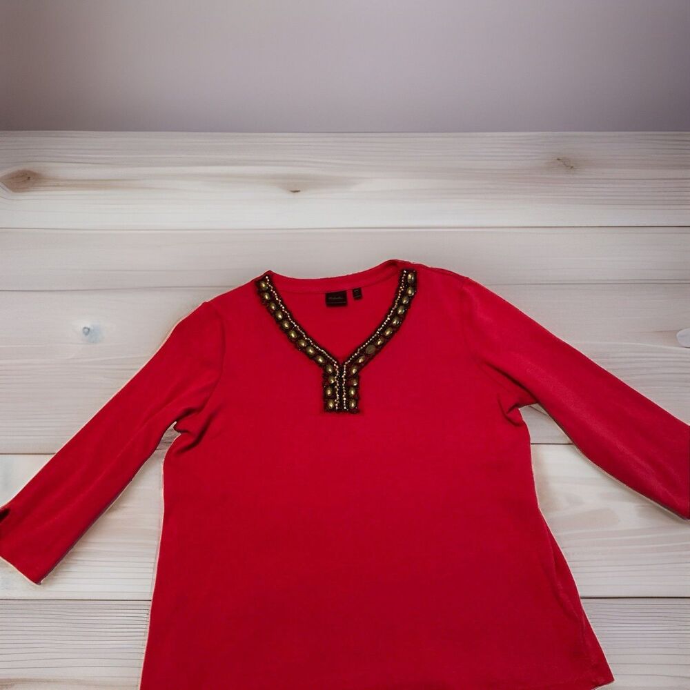 Rafaella Top Large Red Embellishment Neckline Stretch Good Condition Stretch